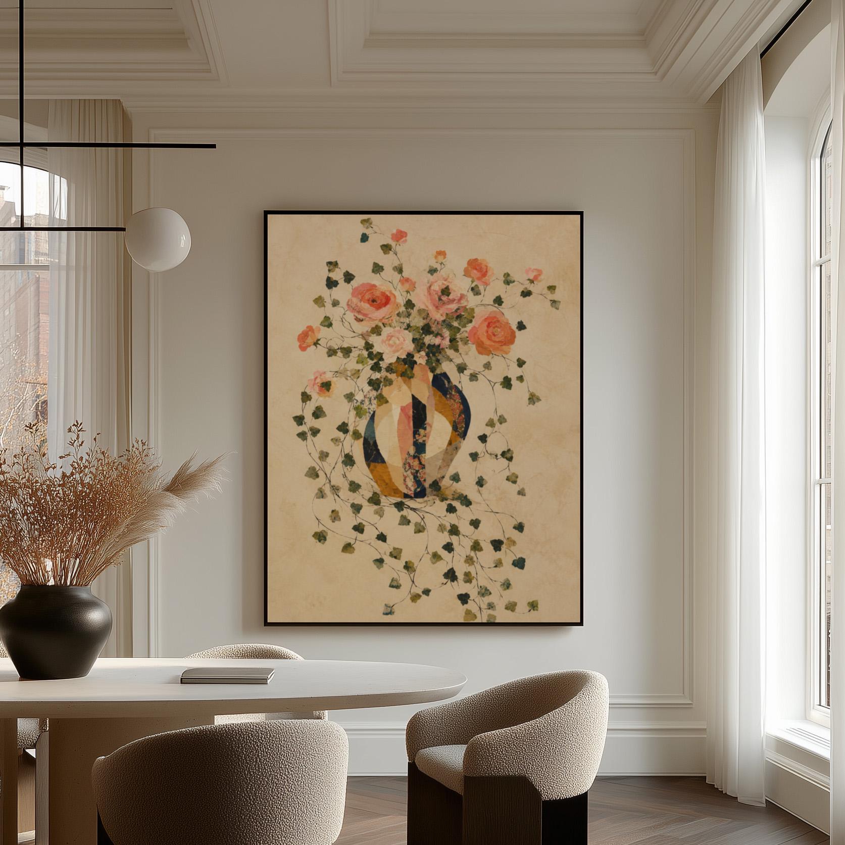 Roses and sprawling ivy around striped amphora, canvas wall art hanging in a calm, modern living space
