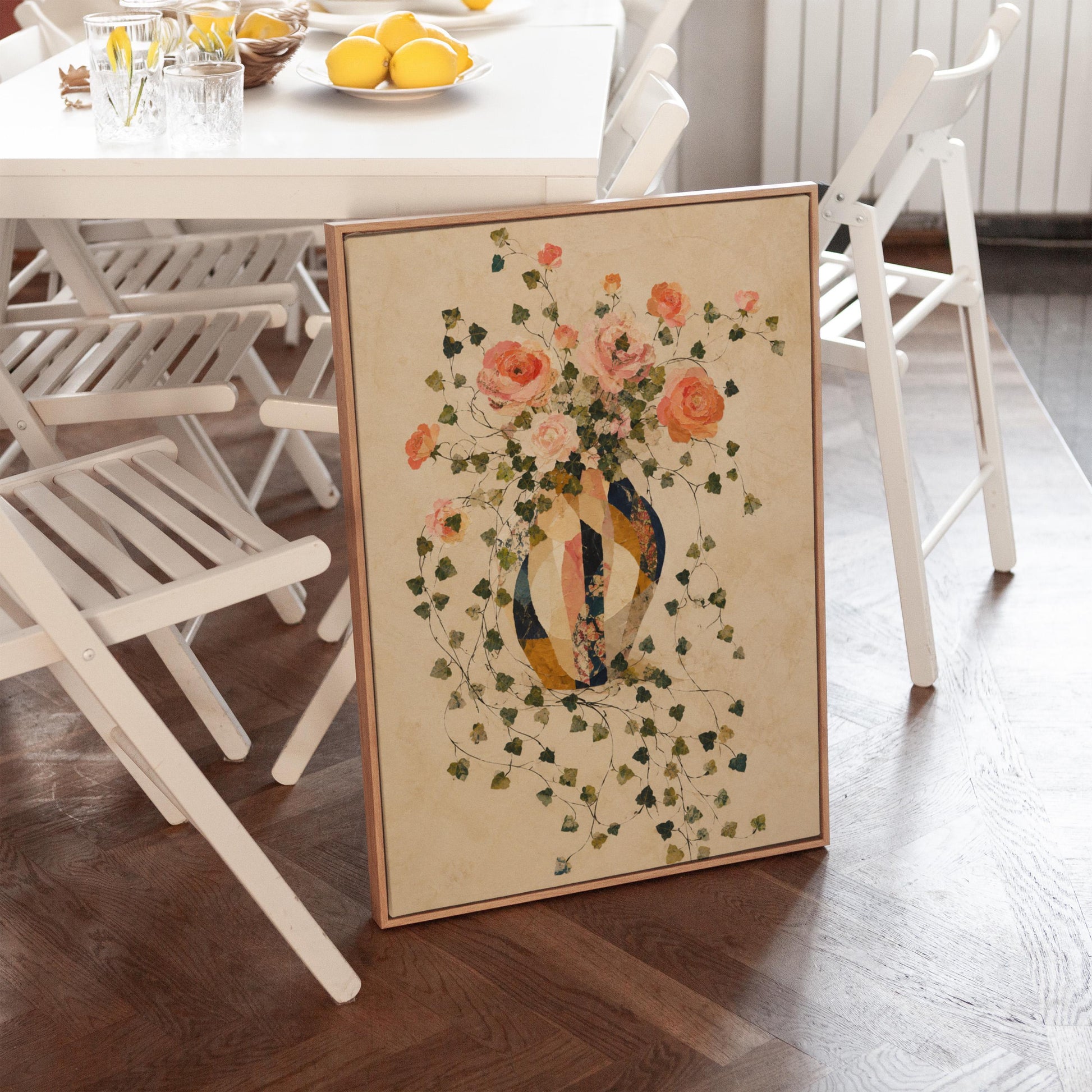 Roses and sprawling ivy around striped amphora, canvas wall art presented in a light, minimal room