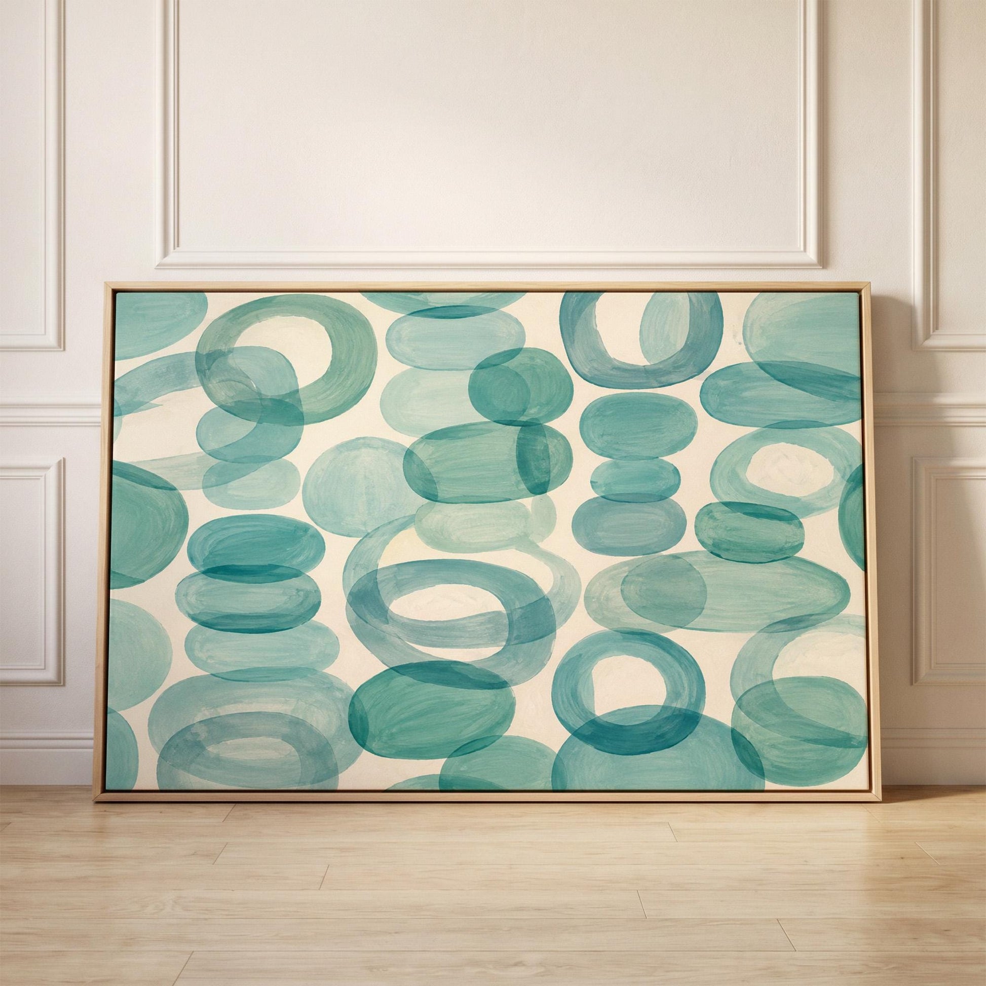 Overlapping aqua rings rolling across horizontal frame, canvas print held up against a sunlit bedroom wall