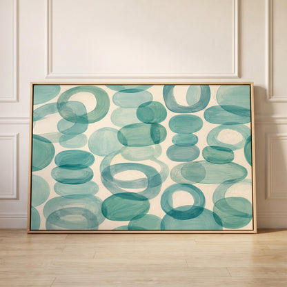 Overlapping aqua rings rolling across horizontal frame, canvas print held up against a sunlit bedroom wall