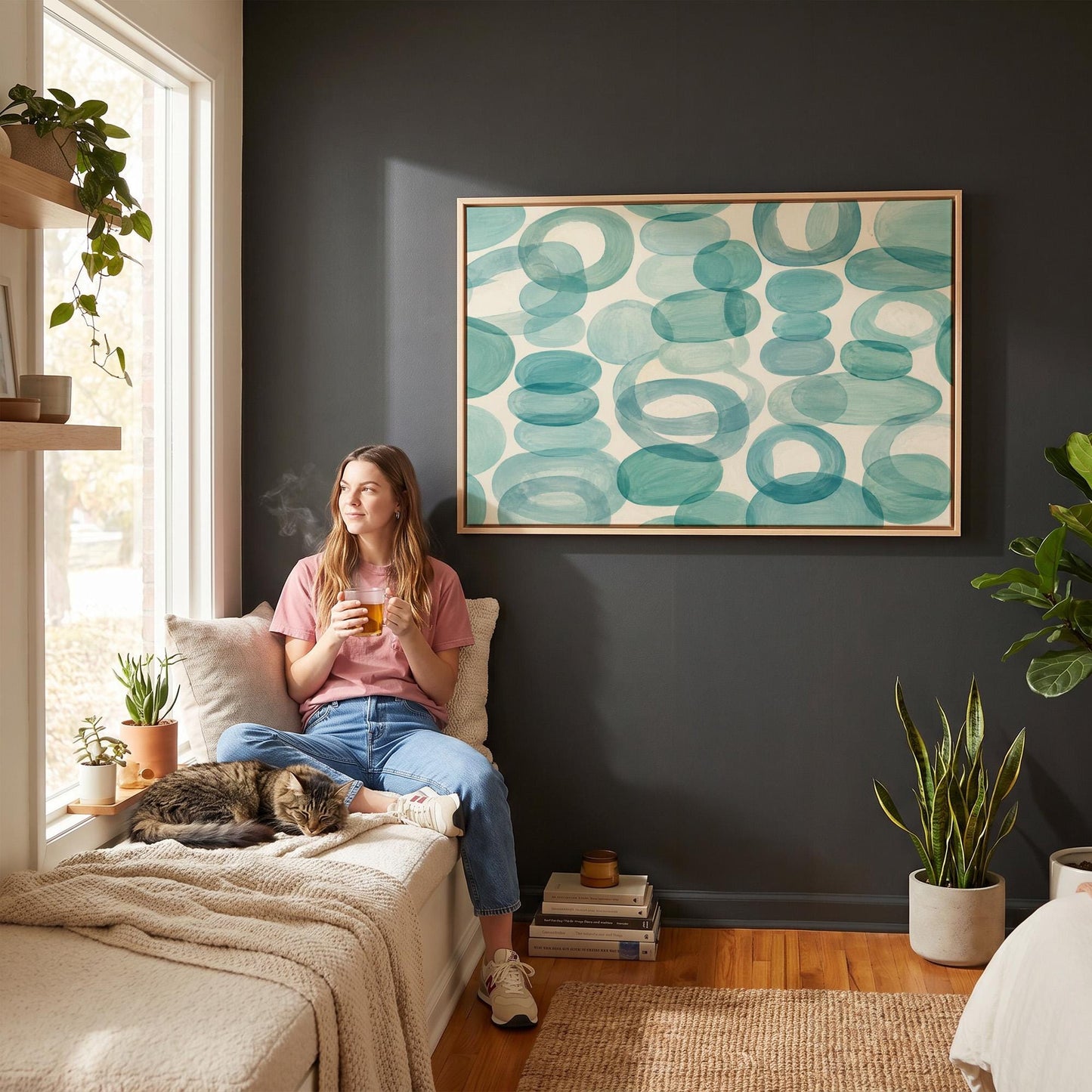 Overlapping aqua rings rolling across horizontal frame, canvas print hanging in a calm, modern living space