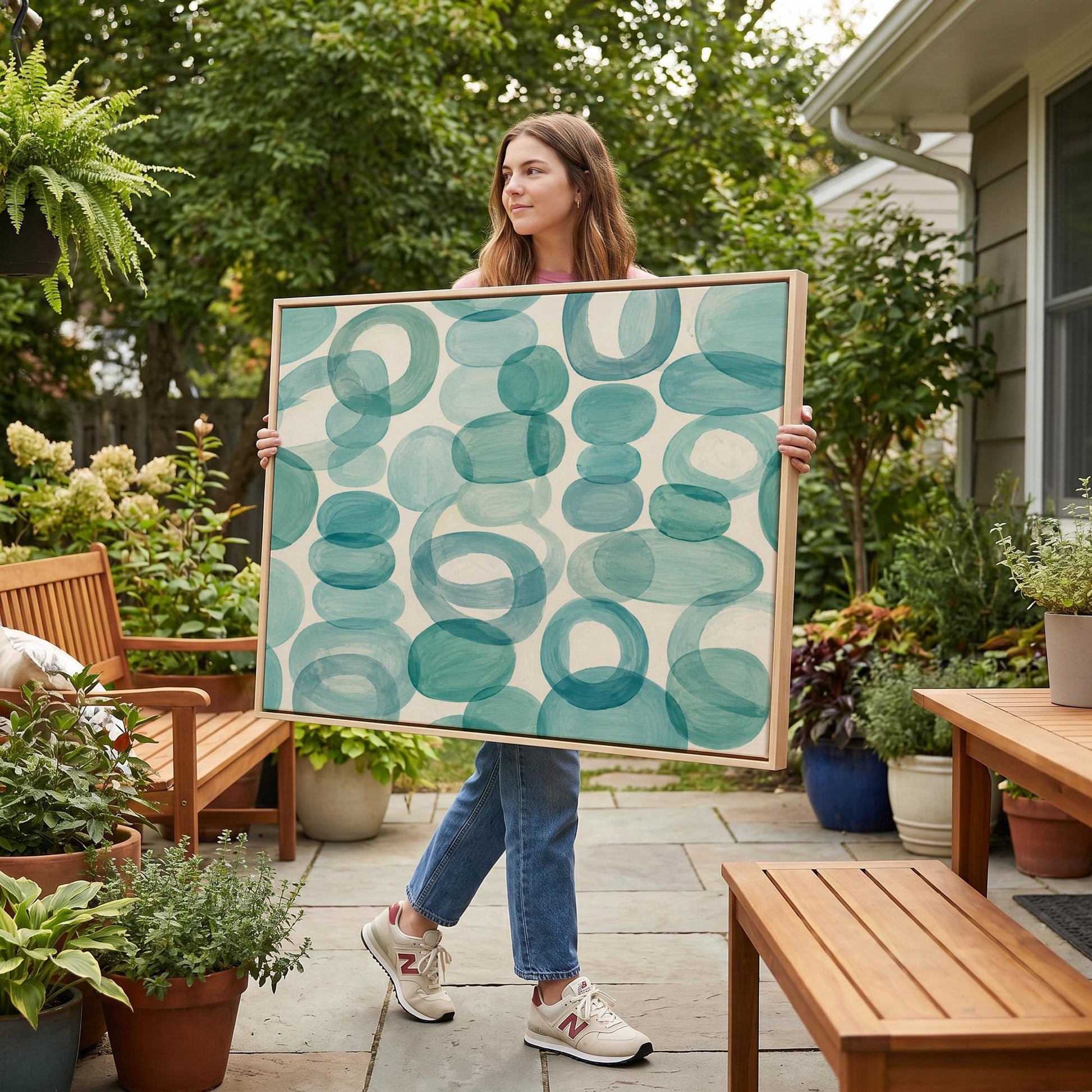 Overlapping aqua rings rolling across horizontal frame, canvas print styled against a soft white wall