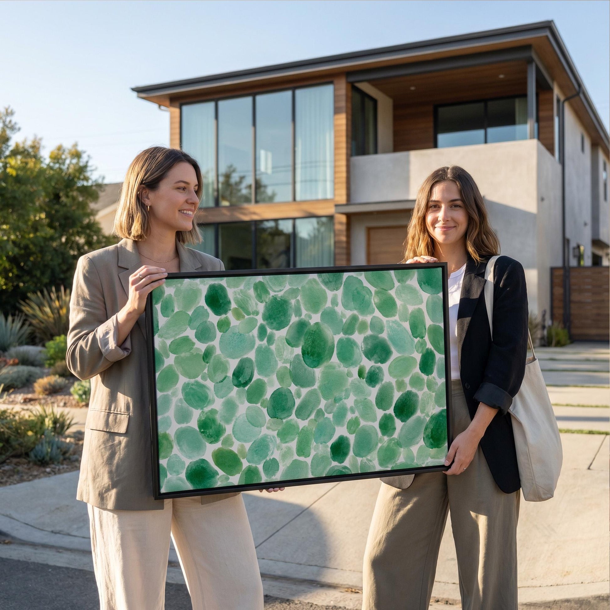 Field of green watercolor pebbles spread wide, canvas print hanging in a calm, modern living space