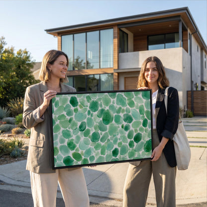 Field of green watercolor pebbles spread wide, canvas print hanging in a calm, modern living space