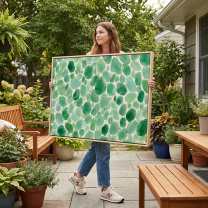 Field of green watercolor pebbles spread wide, canvas print styled against a soft white wall