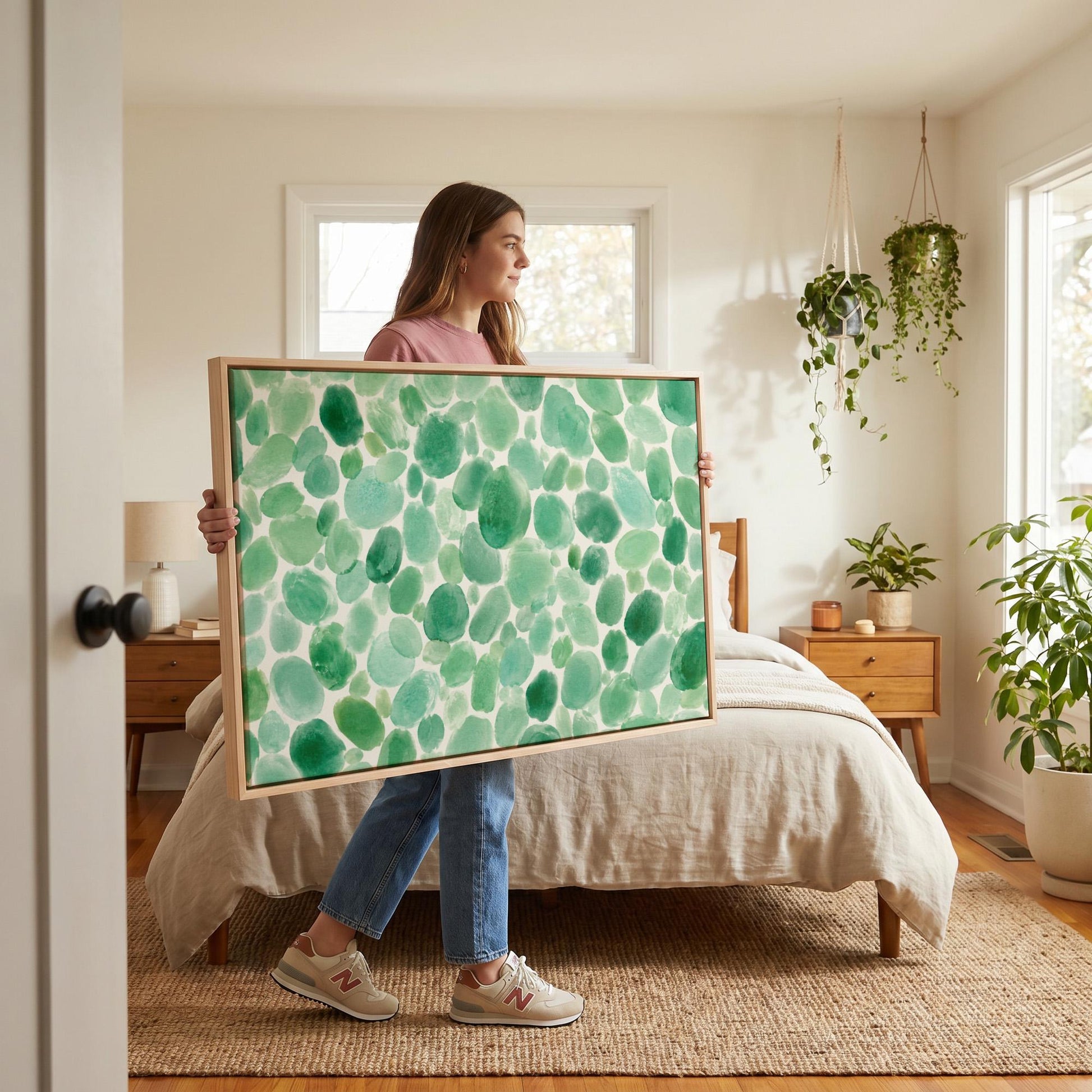 Field of green watercolor pebbles spread wide, canvas print on a quiet wall in a considered interior