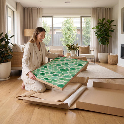Field of green watercolor pebbles spread wide, canvas print displayed on a neutral wall in a styled interior