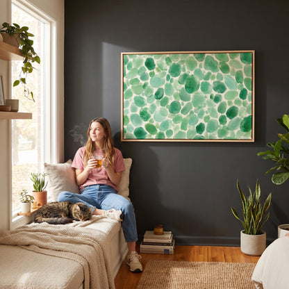 Field of green watercolor pebbles spread wide, canvas print shown in a sunlit, contemporary room