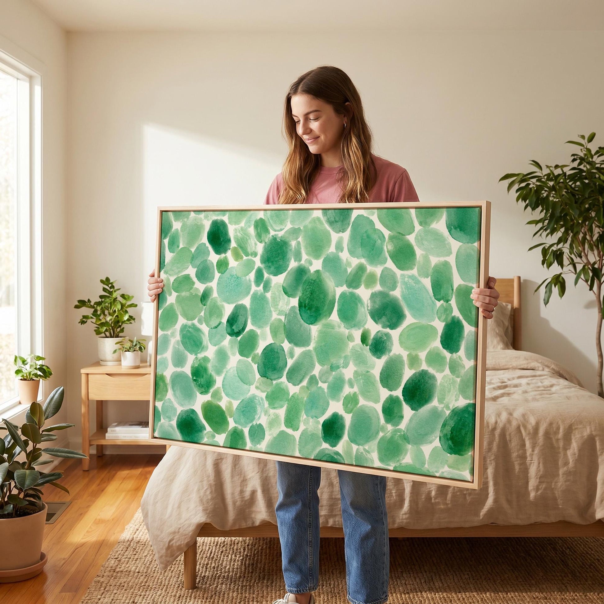 Field of green watercolor pebbles spread wide, canvas wall art styled against a soft white wall