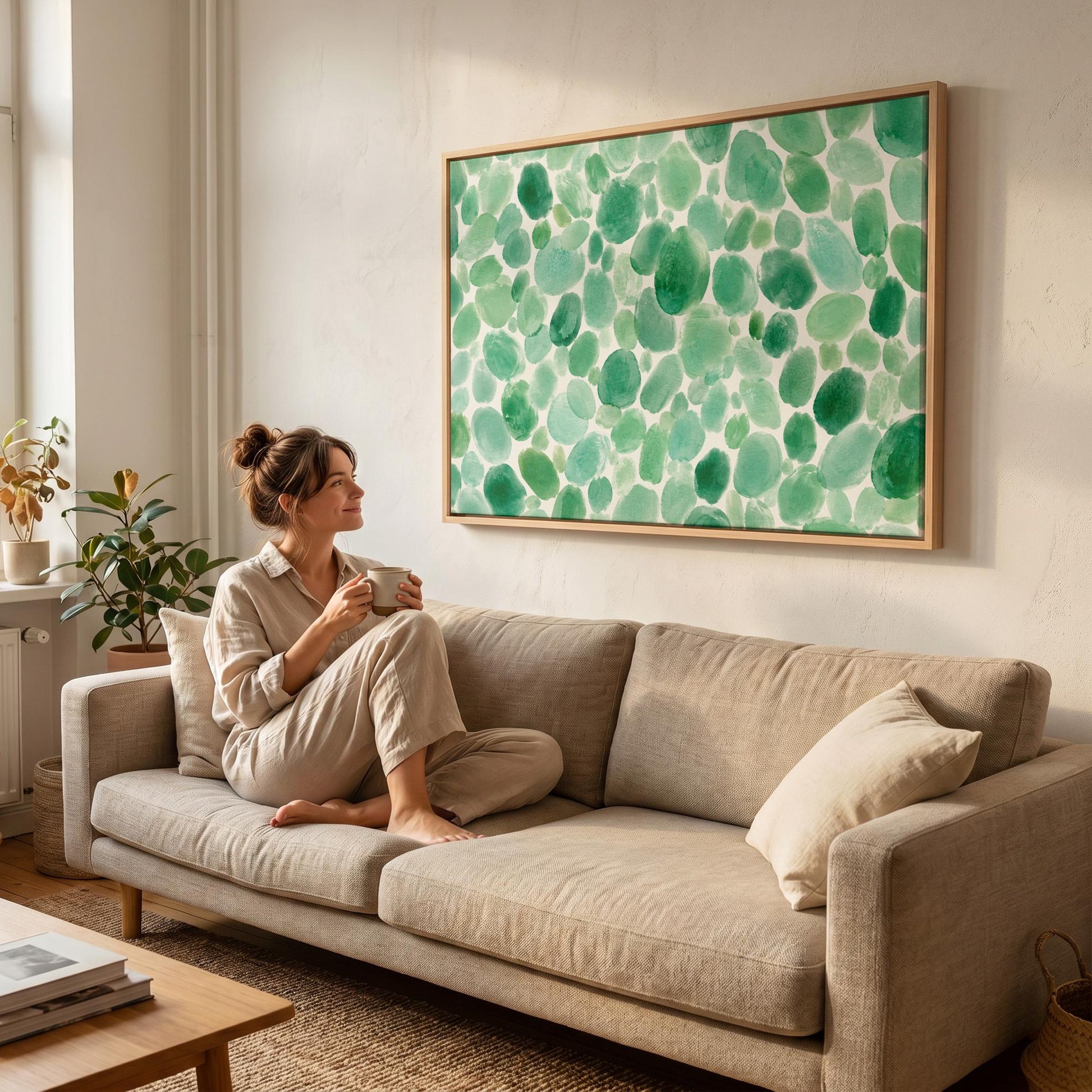 Field of green watercolor pebbles spread wide, canvas wall art shown to scale in a furnished room