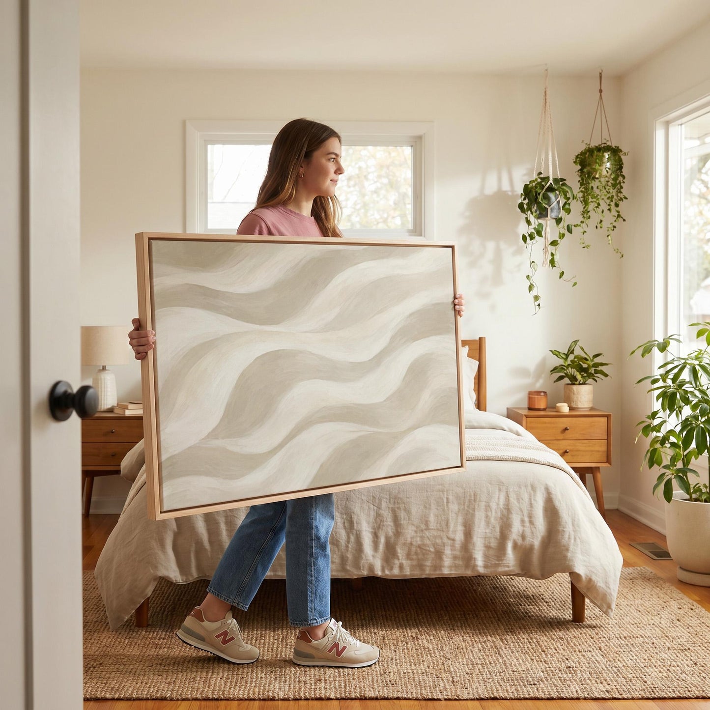 Soft sand waves flowing across horizontal canvas, canvas wall art styled against a soft white wall