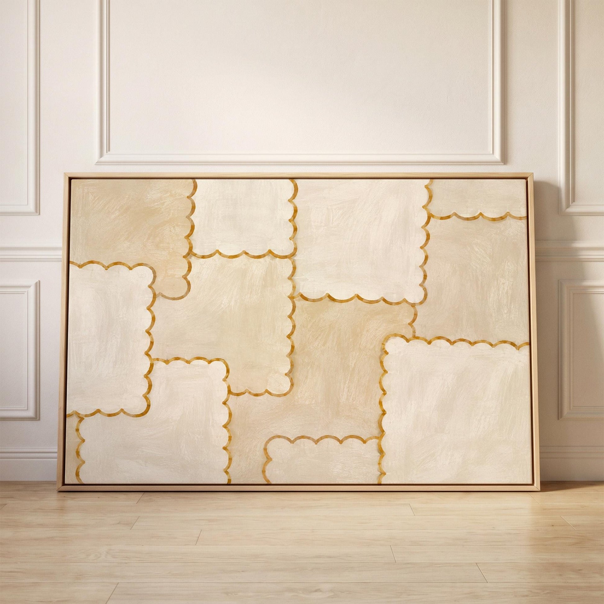 Scalloped edge tiles with gold outline in cream, canvas print held up against a sunlit bedroom wall