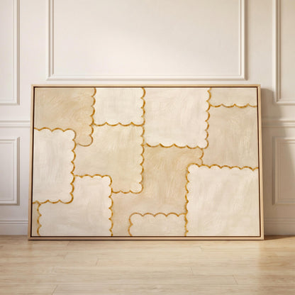 Scalloped edge tiles with gold outline in cream, canvas print held up against a sunlit bedroom wall