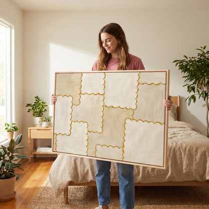 Scalloped edge tiles with gold outline in cream, canvas print seen in a warm interior with natural light