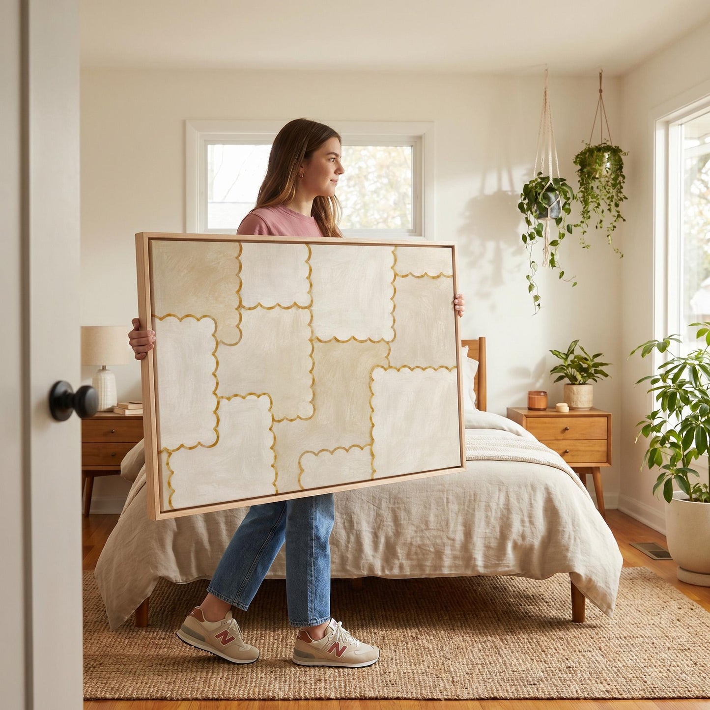 Scalloped edge tiles with gold outline in cream, canvas print shown to scale in a furnished room