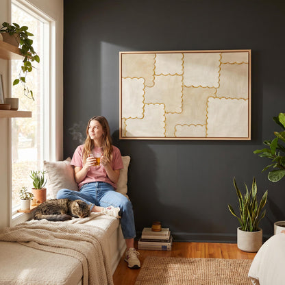 Scalloped edge tiles with gold outline in cream, canvas print shown in a sunlit, contemporary room
