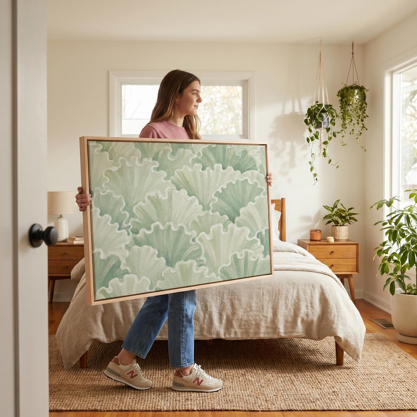 Ruffled leafy fan shapes in sage green rows, canvas print styled against a soft white wall