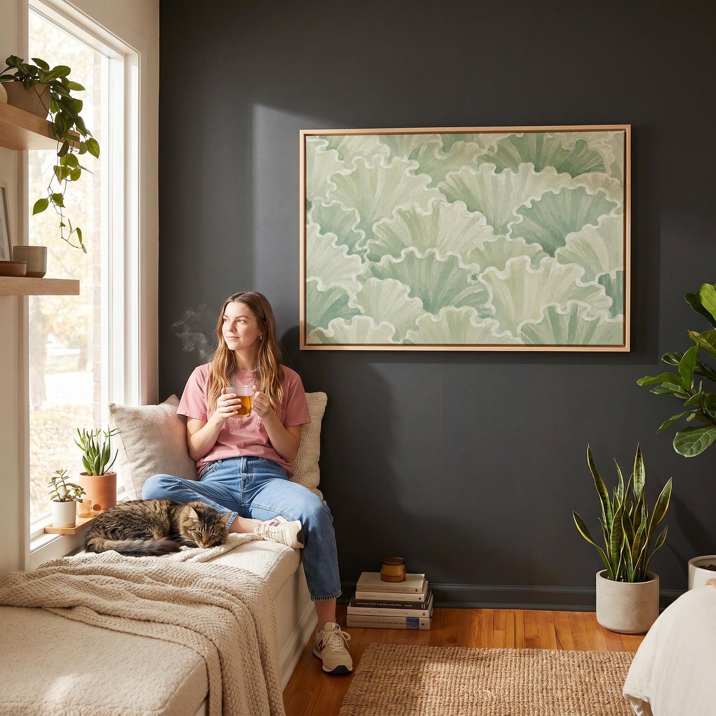 Ruffled leafy fan shapes in sage green rows, canvas print displayed on a neutral wall in a styled interior