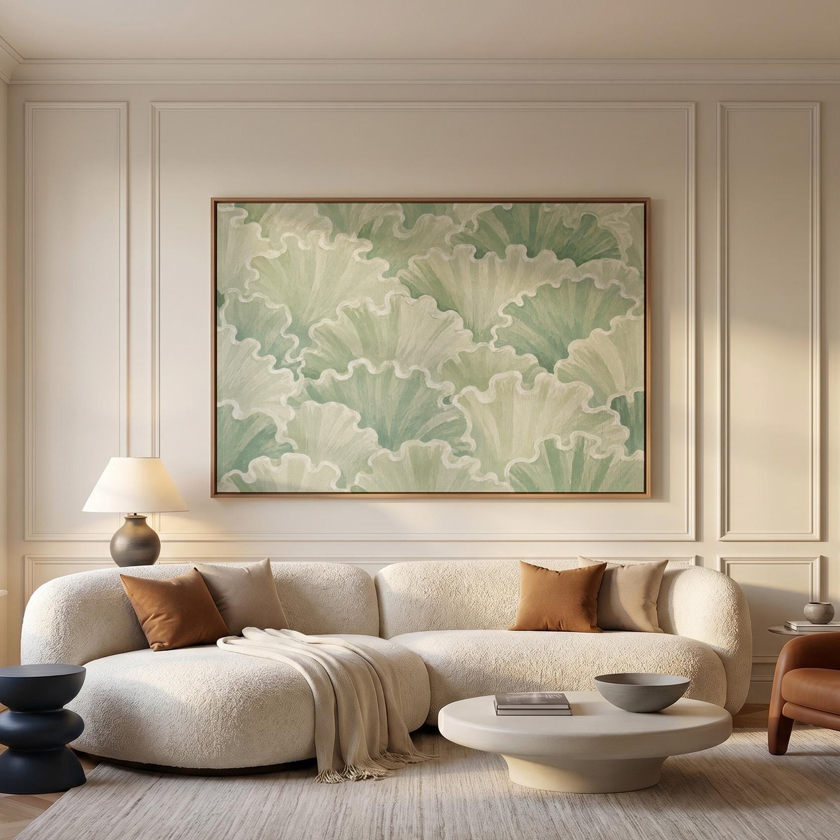 Ruffled leafy fan shapes in sage green rows, canvas wall art styled against a soft white wall