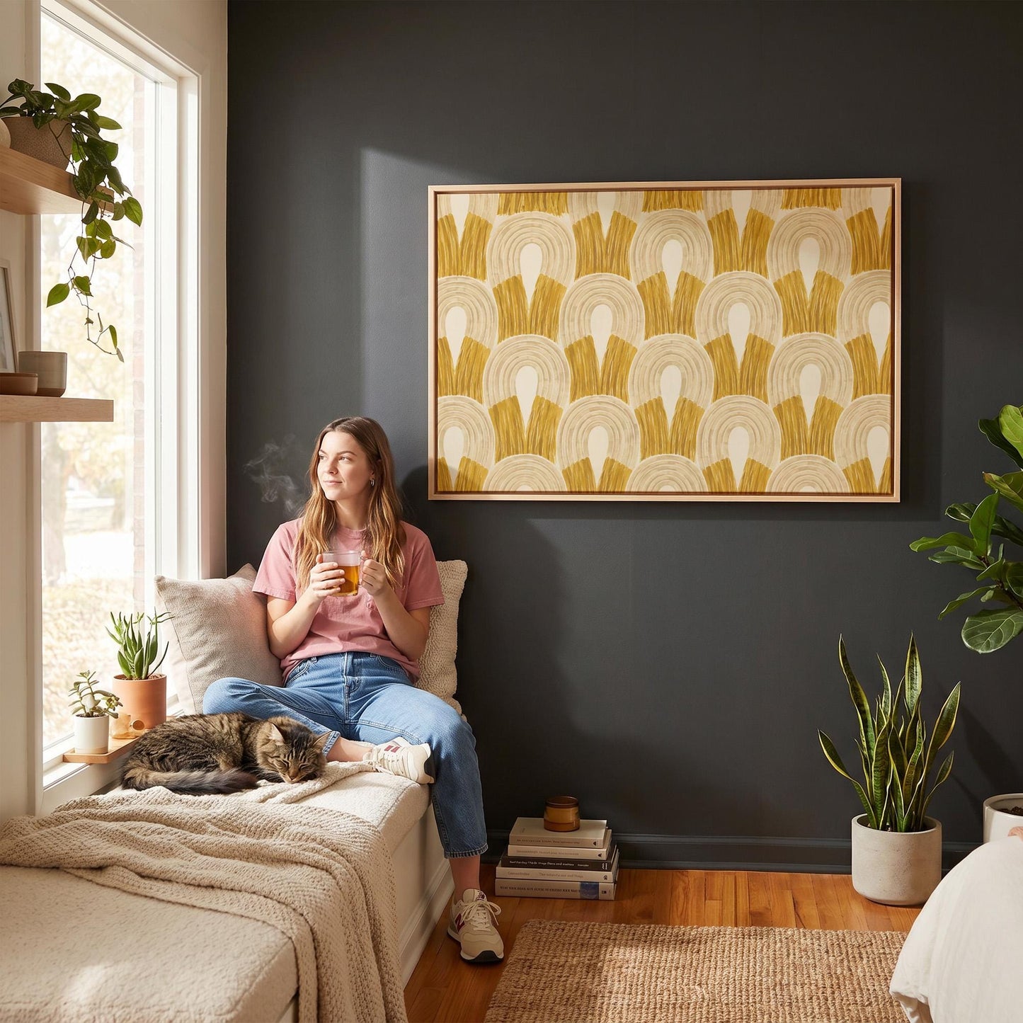 Rows of golden ochre arch shapes, canvas print displayed on a neutral wall in a styled interior