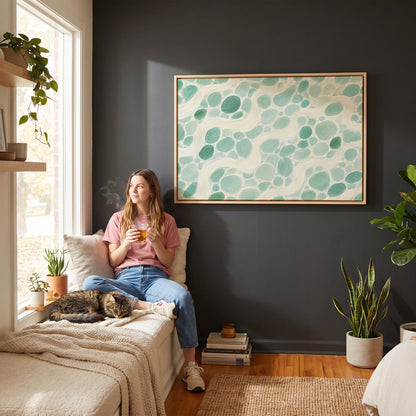 Aqua pebbles flowing like a stream horizontally, canvas print styled against a soft white wall