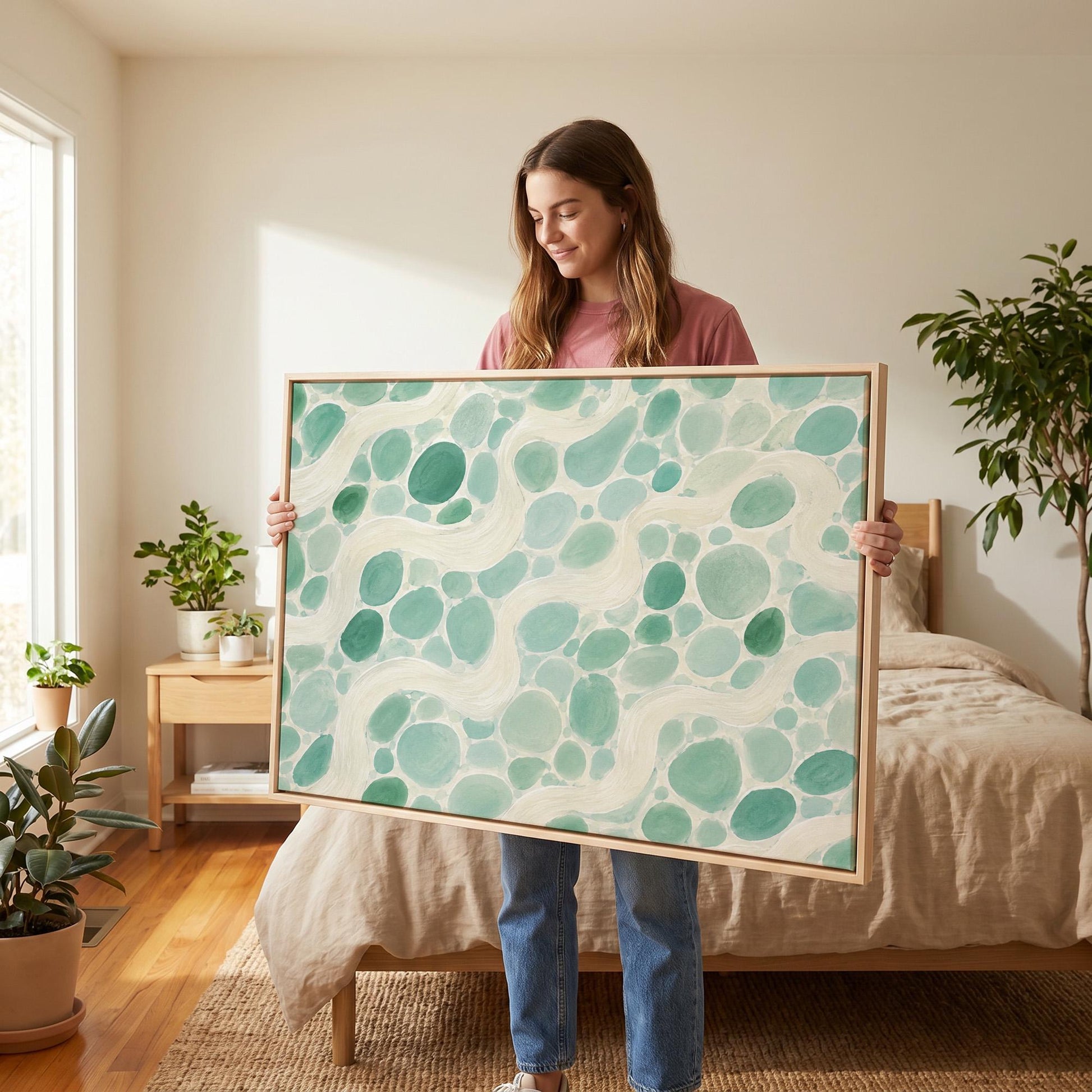 Aqua pebbles flowing like a stream horizontally, canvas print on a quiet wall in a considered interior