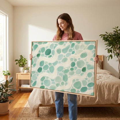 Aqua pebbles flowing like a stream horizontally, canvas print on a quiet wall in a considered interior