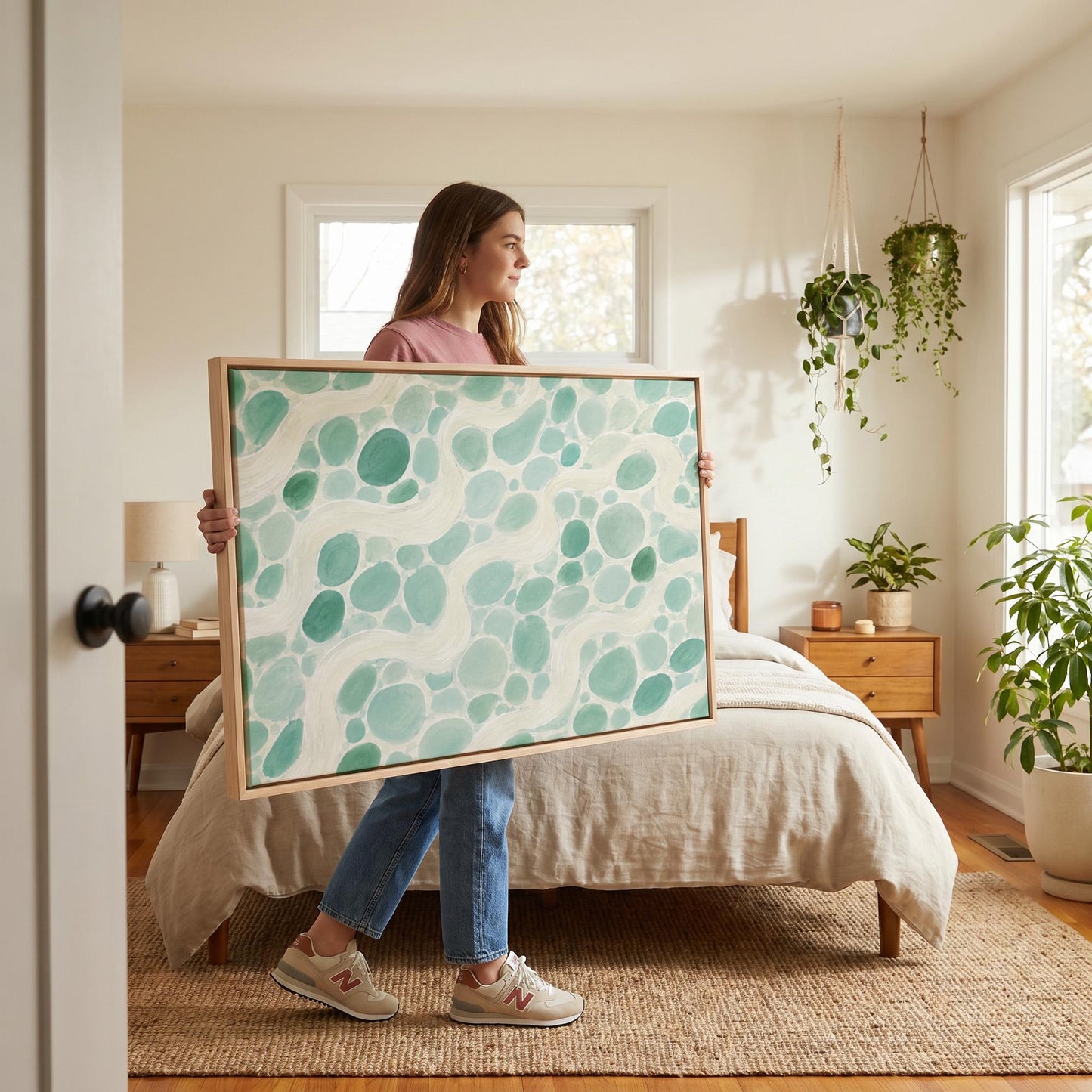 Aqua pebbles flowing like a stream horizontally, canvas wall art hanging in a calm, modern living space