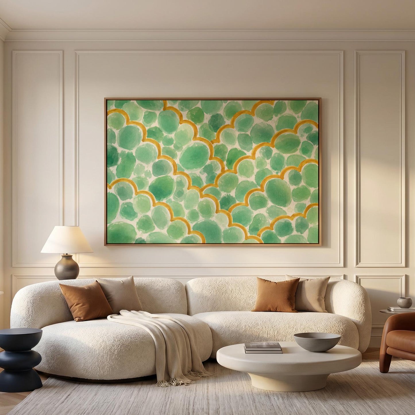 Green scallop scales with golden trim rows, canvas print hanging in a calm, modern living space