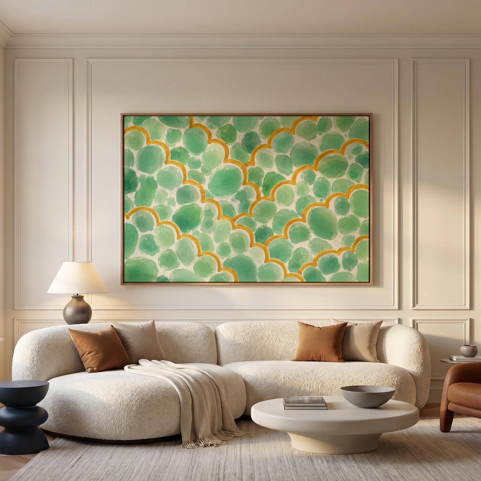 Green scallop scales with golden trim rows, canvas print hanging in a calm, modern living space