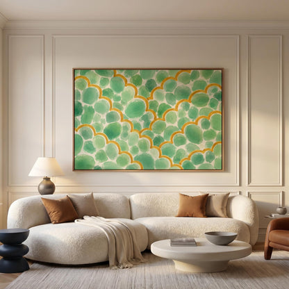 Green scallop scales with golden trim rows, canvas print hanging in a calm, modern living space