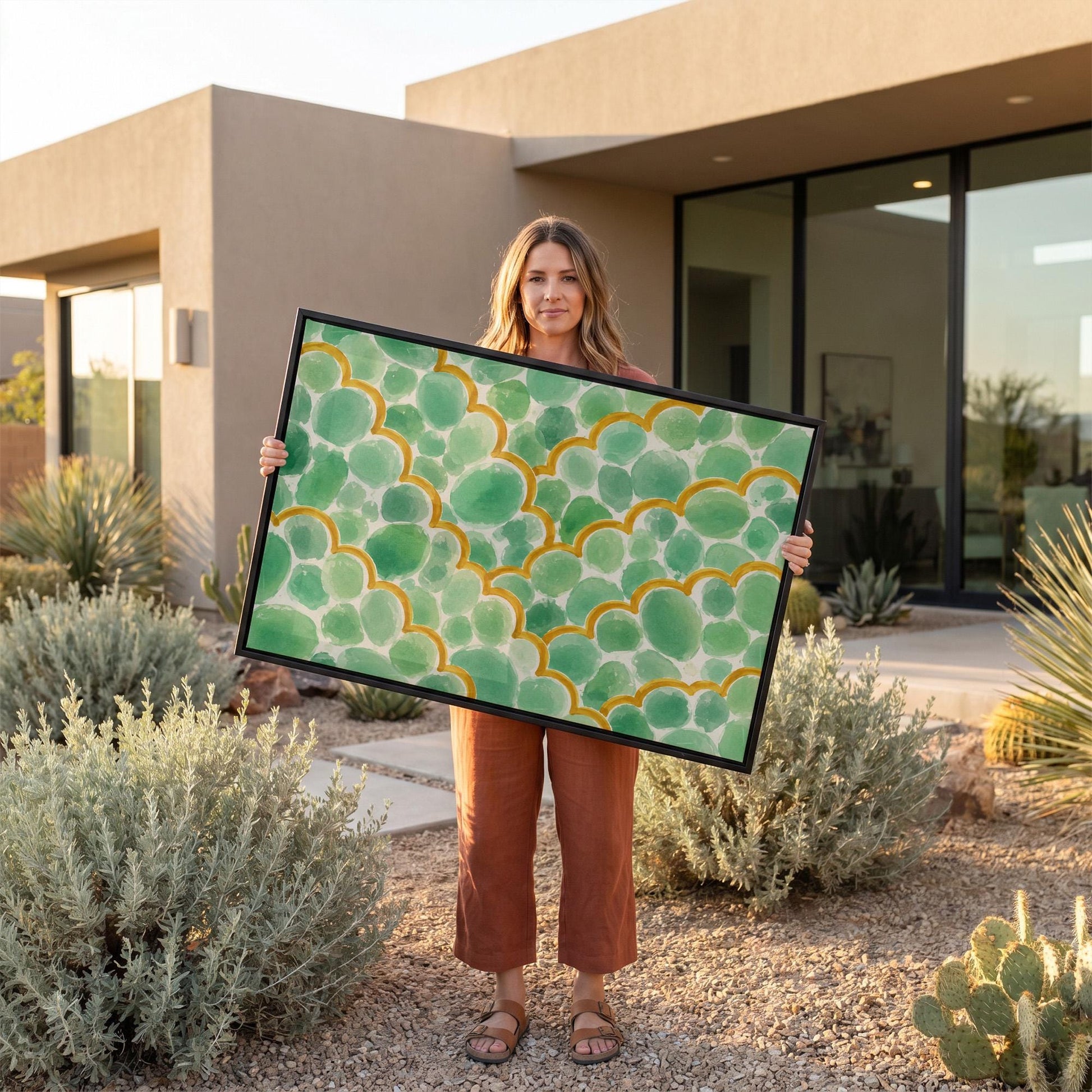 Green scallop scales with golden trim rows, canvas wall art seen in a warm interior with natural light