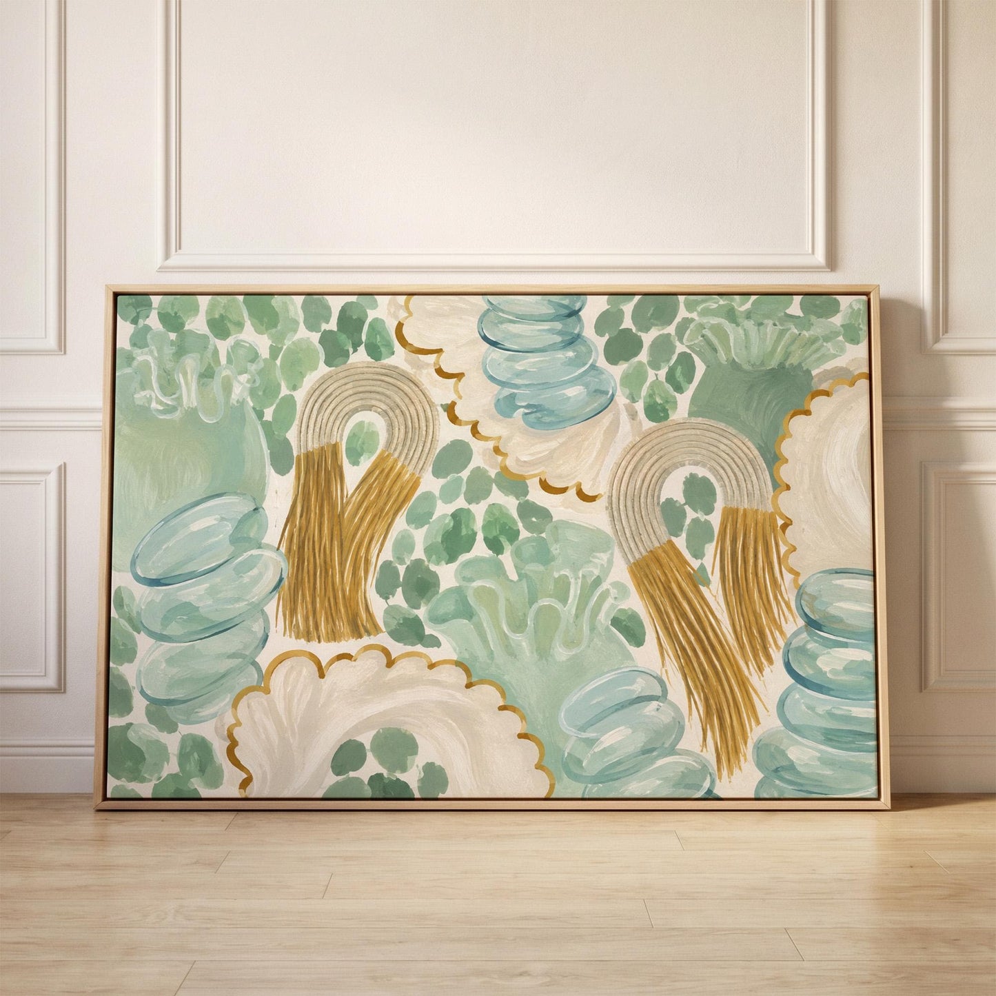 Celadon shapes with golden tassel ornaments, canvas print held up against a sunlit bedroom wall