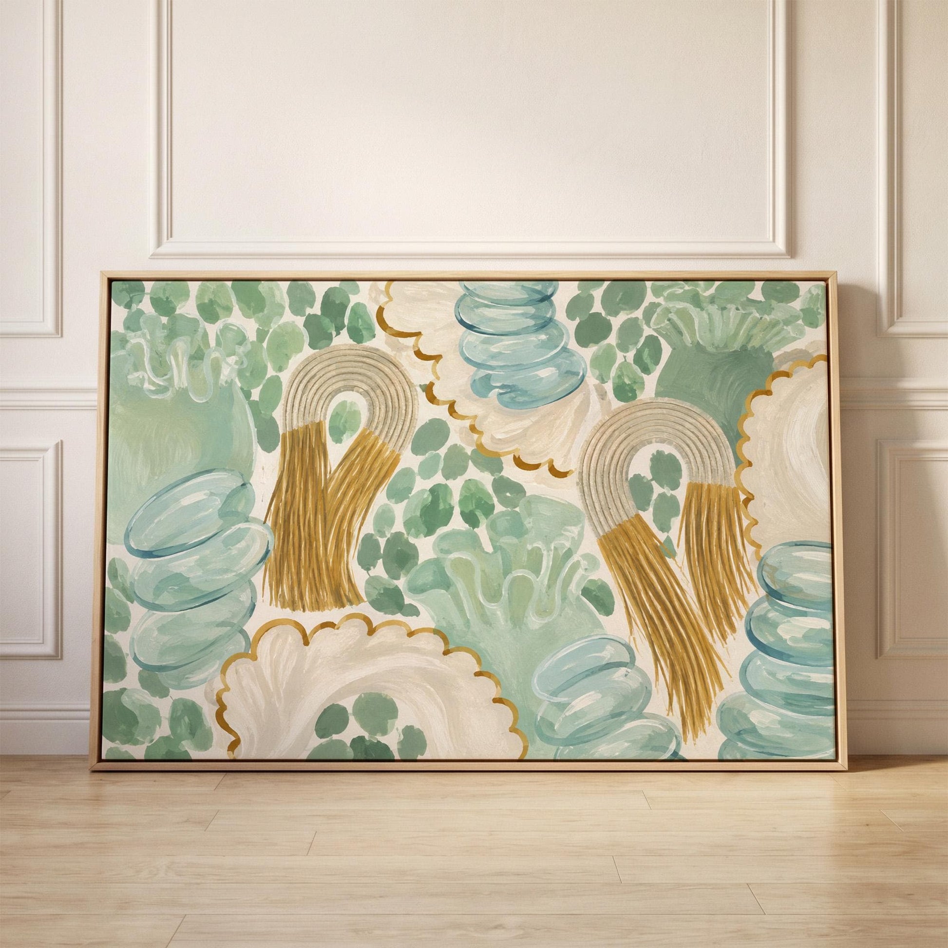 Celadon shapes with golden tassel ornaments, canvas print held up against a sunlit bedroom wall