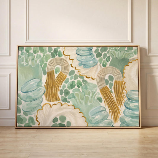 Celadon shapes with golden tassel ornaments, canvas print held up against a sunlit bedroom wall