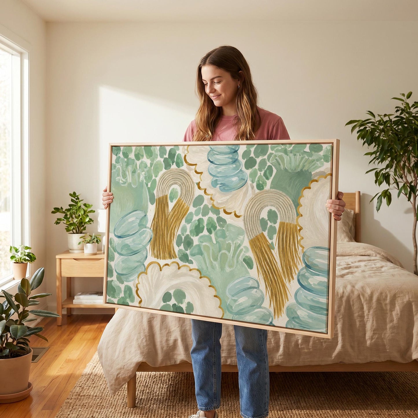 Celadon shapes with golden tassel ornaments, canvas print presented in a light, minimal room