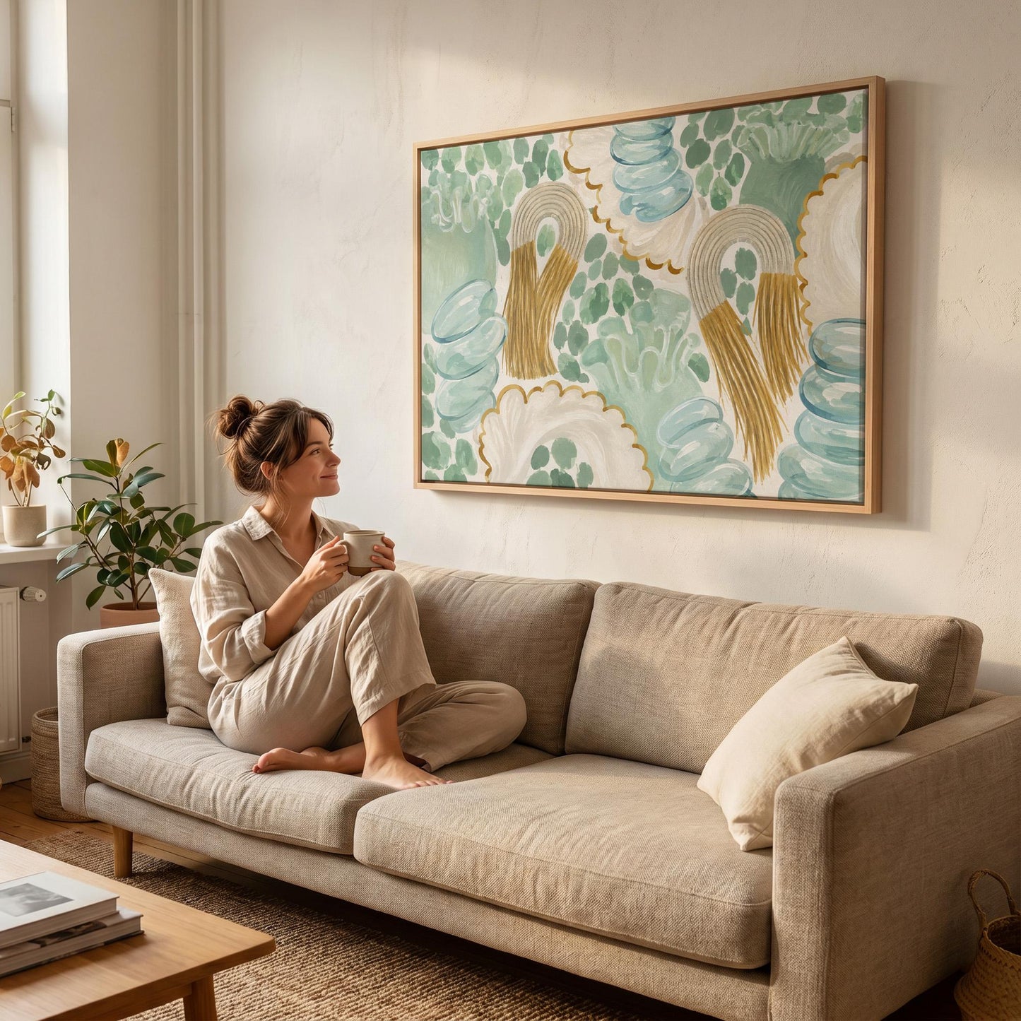 Celadon shapes with golden tassel ornaments, canvas print shown to scale in a furnished room