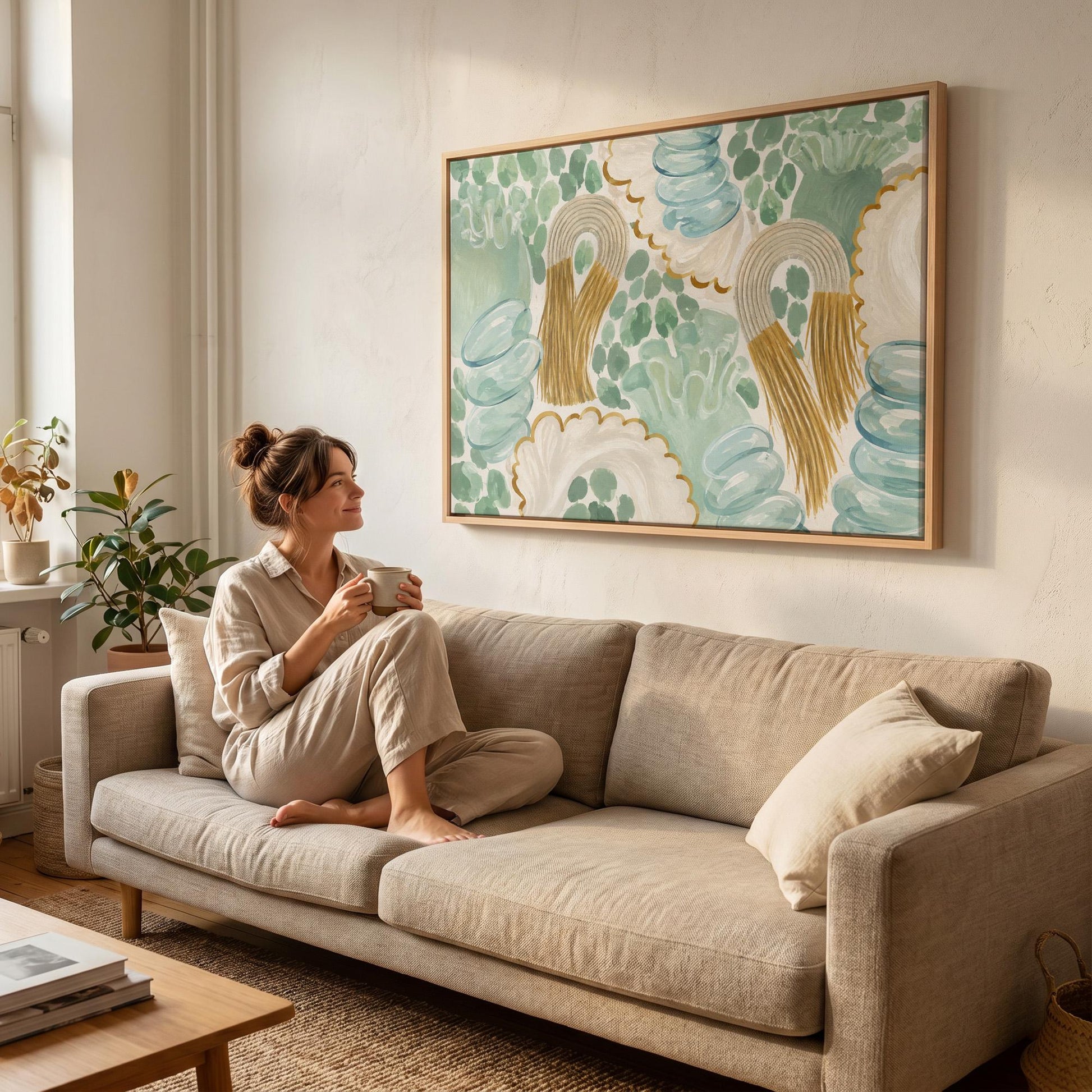 Celadon shapes with golden tassel ornaments, canvas print shown to scale in a furnished room