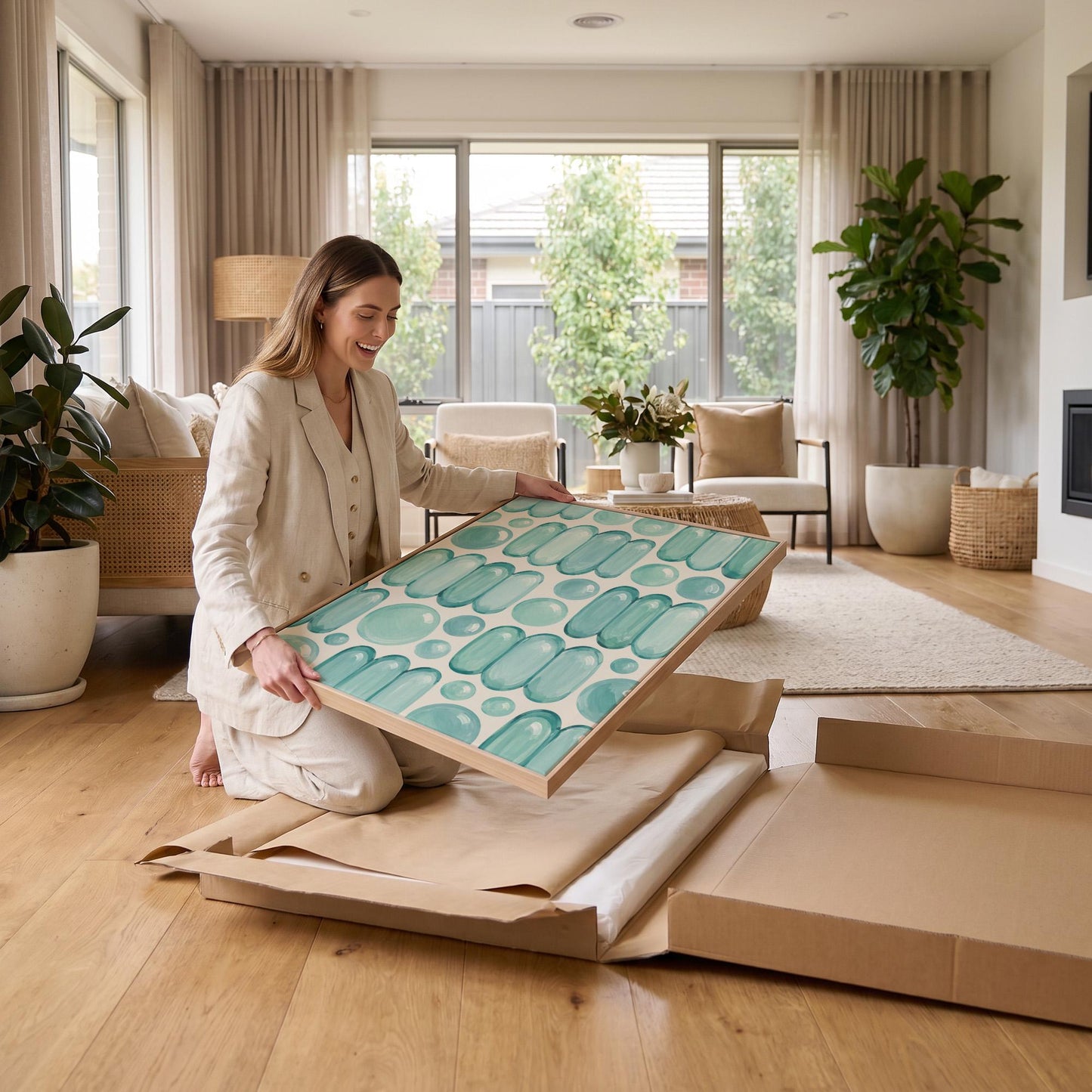 Rows of teal water drop and capsule shapes, canvas print styled against a soft white wall