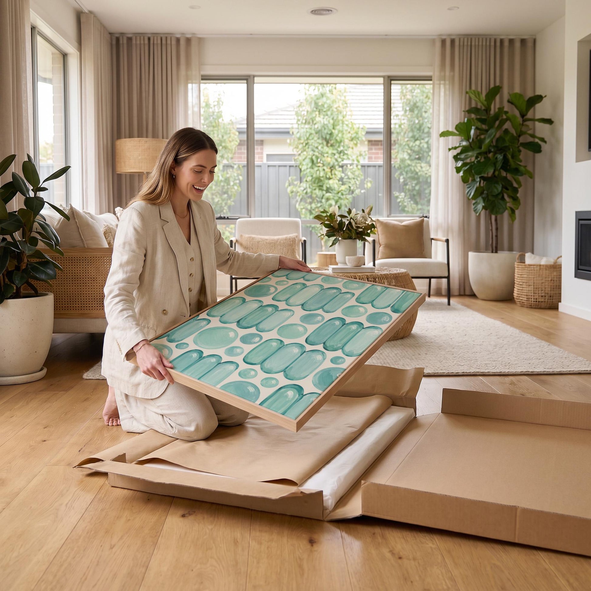 Rows of teal water drop and capsule shapes, canvas print styled against a soft white wall