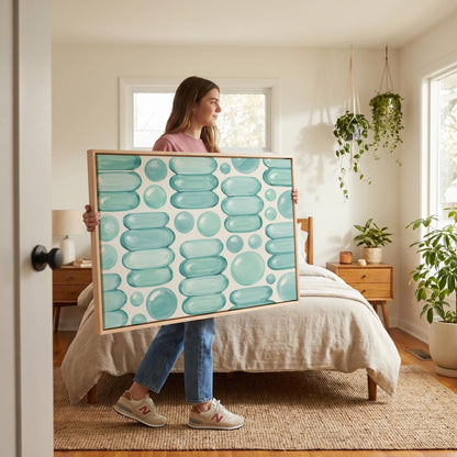 Rows of teal water drop and capsule shapes, canvas print on a quiet wall in a considered interior