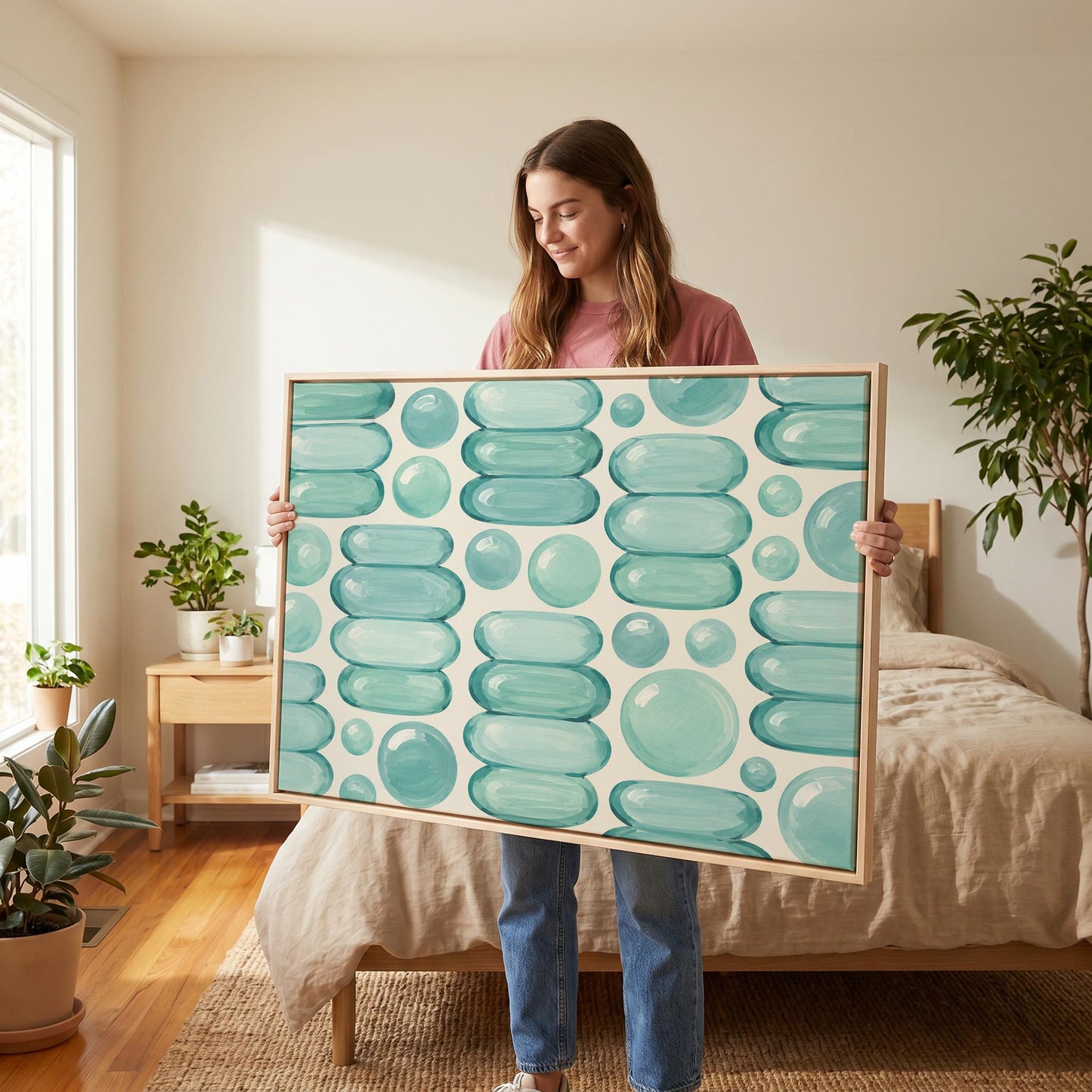 Rows of teal water drop and capsule shapes, canvas print shown to scale in a furnished room