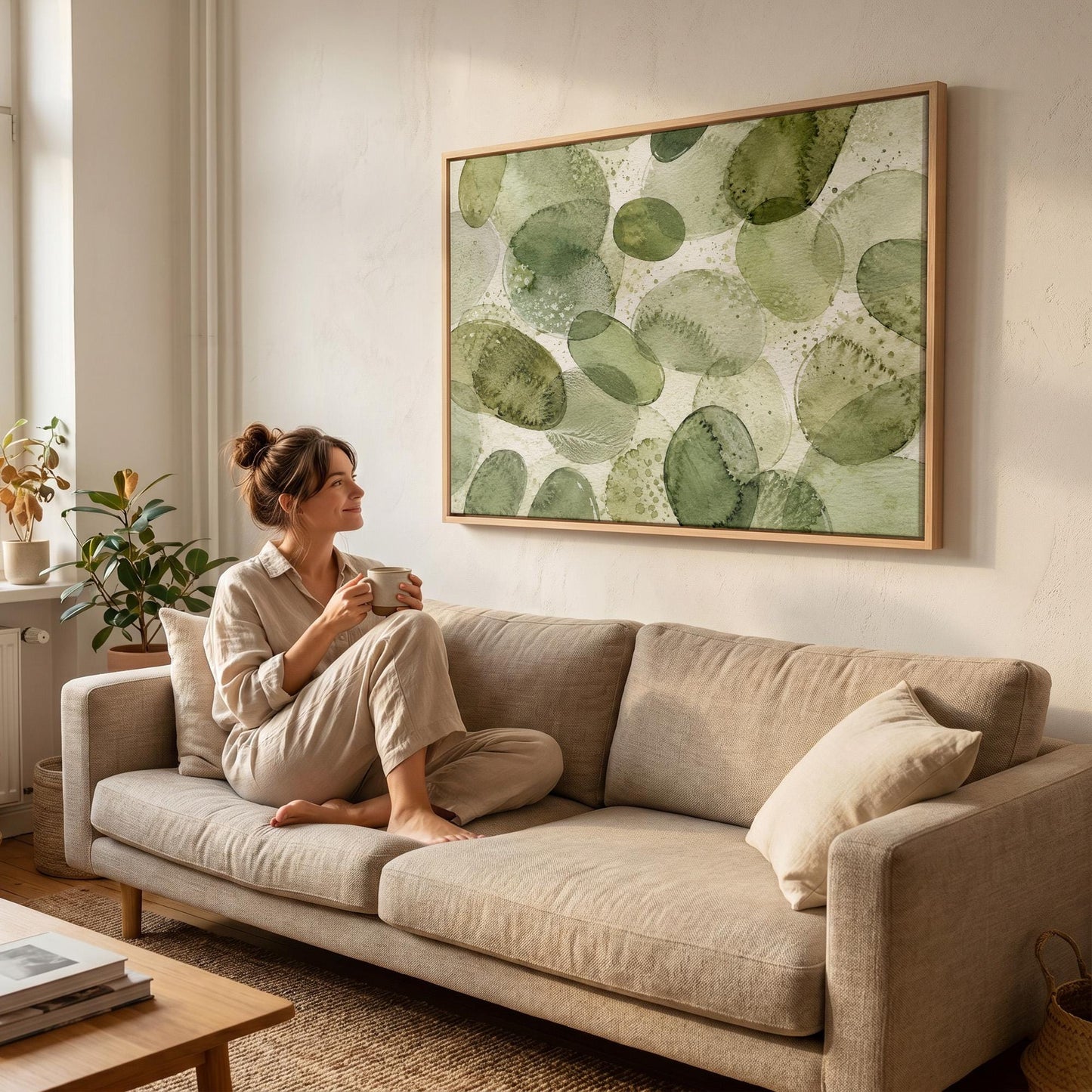 Overlapping olive green stone shapes, canvas print styled against a soft white wall