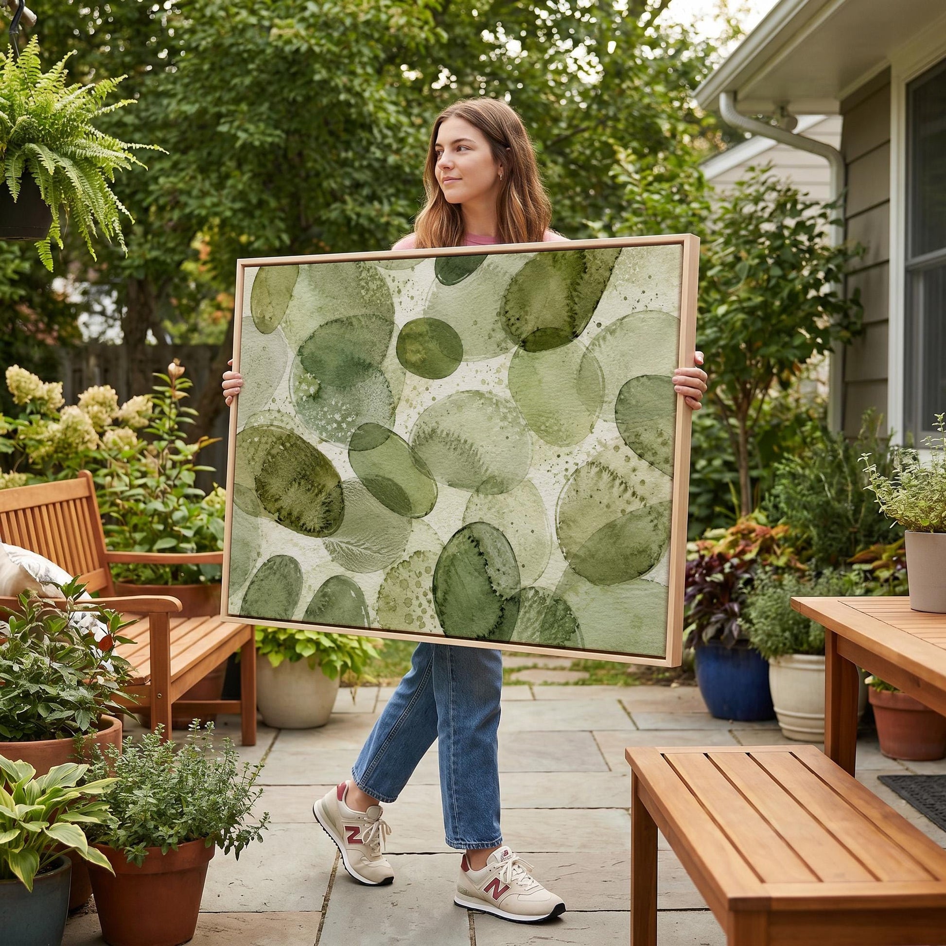Overlapping olive green stone shapes, canvas print seen in a warm interior with natural light