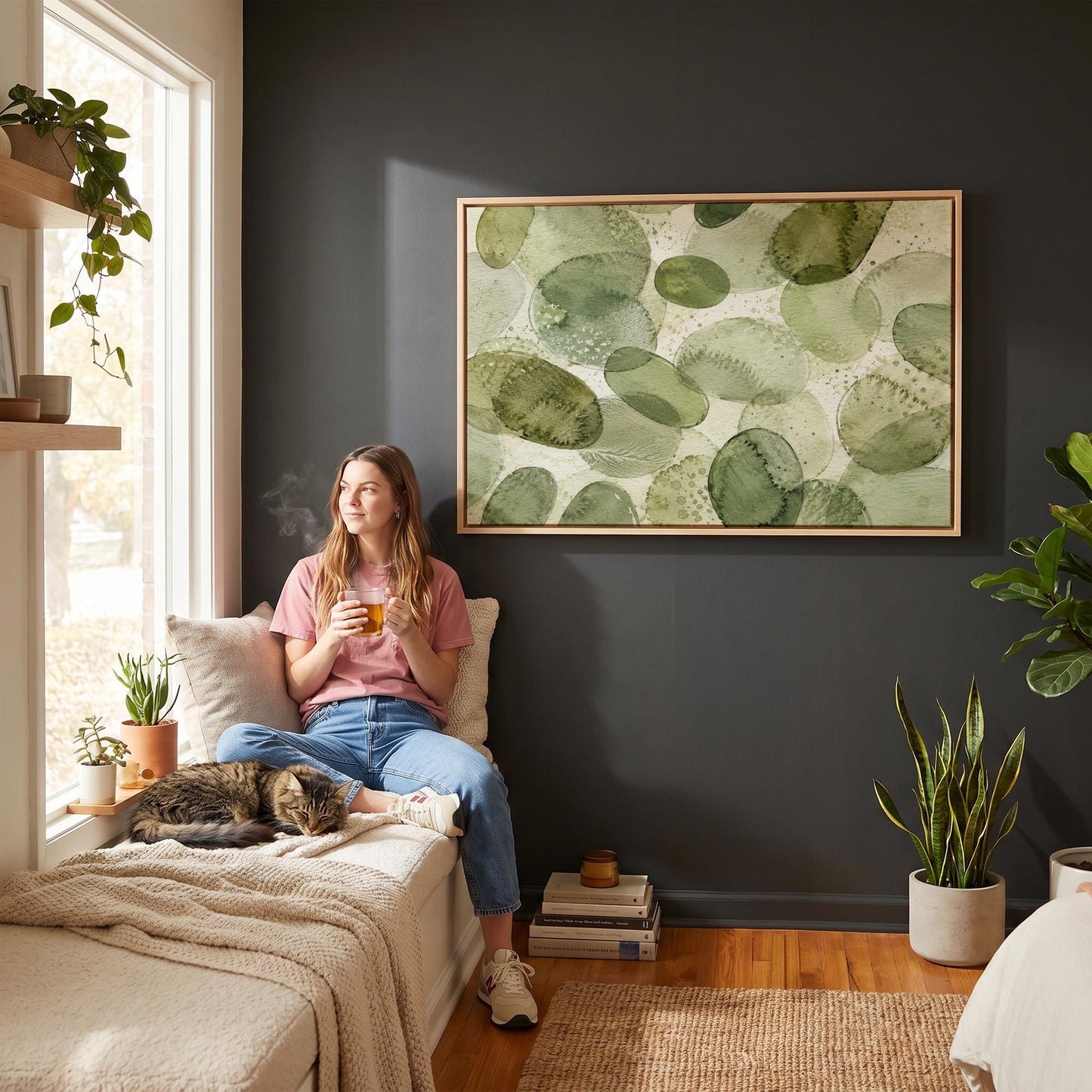 Overlapping olive green stone shapes, canvas print shown in a sunlit, contemporary room