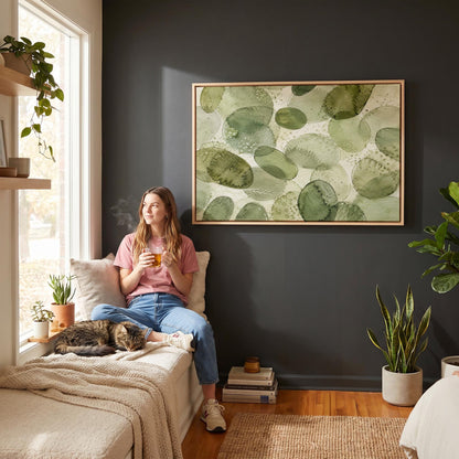 Overlapping olive green stone shapes, canvas print shown in a sunlit, contemporary room