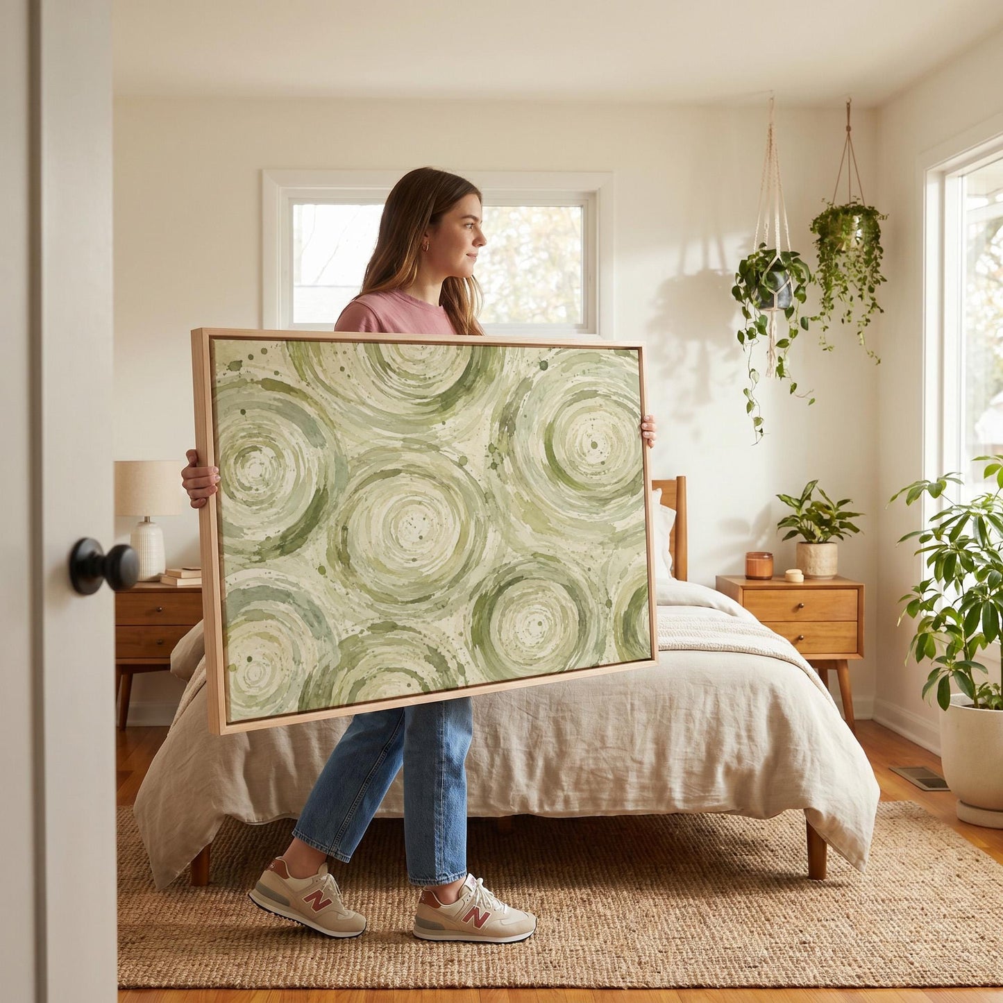 Swirling sage green ring circles, canvas print hanging in a calm, modern living space
