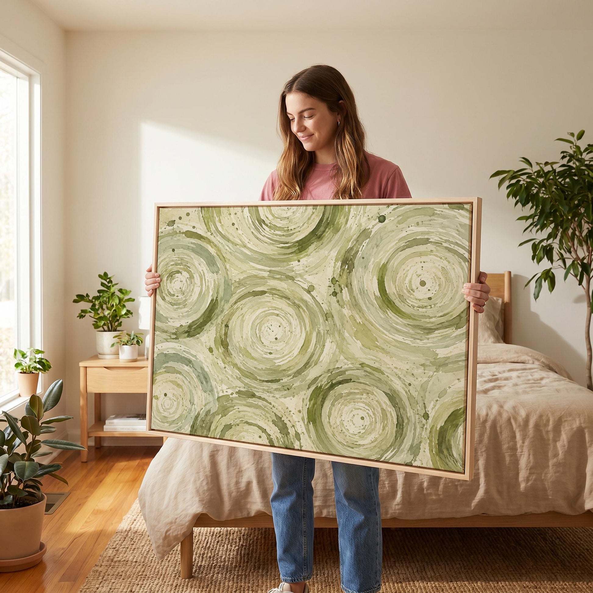 Swirling sage green ring circles, canvas print on a quiet wall in a considered interior