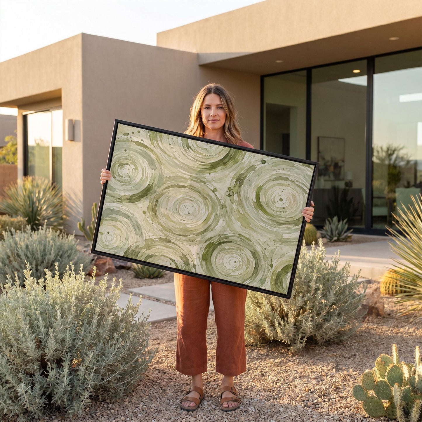 Swirling sage green ring circles, canvas print shown to scale in a furnished room