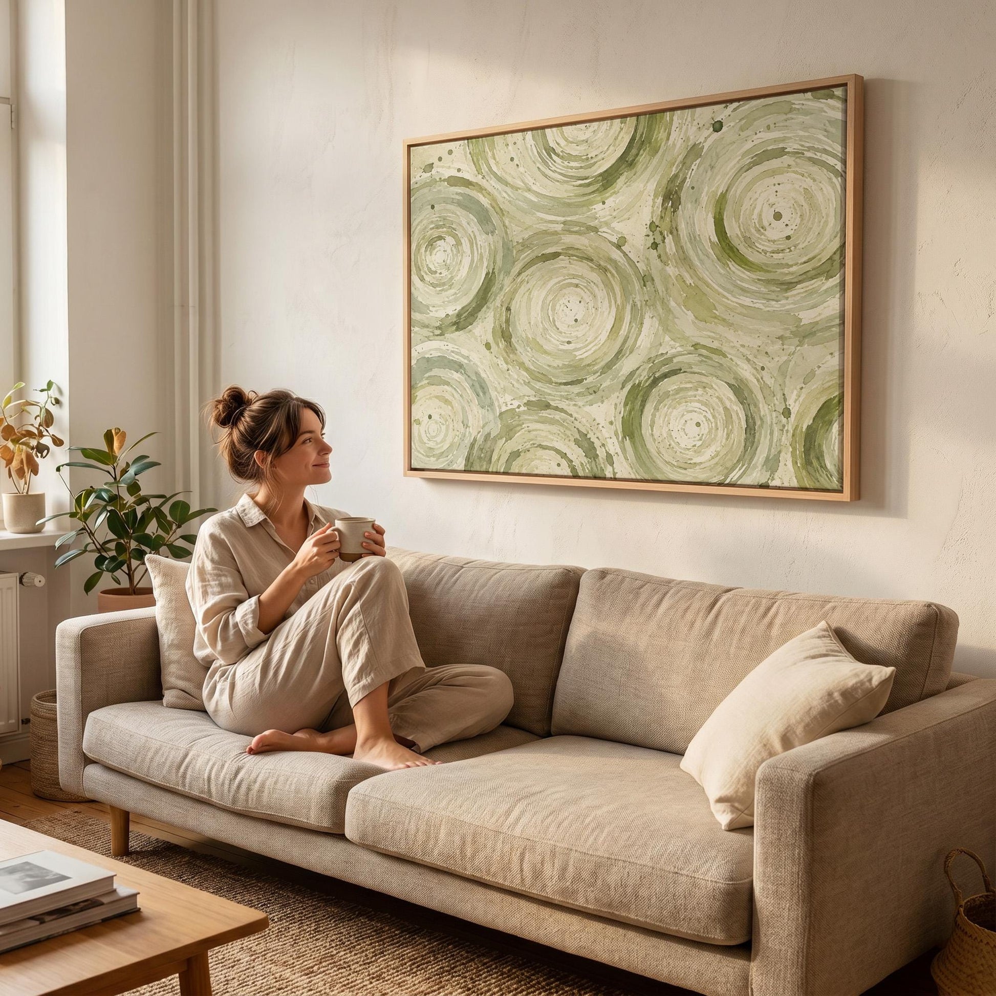 Swirling sage green ring circles, canvas wall art seen in a warm interior with natural light